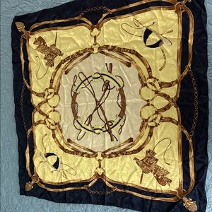 Elegant Riding Print Silk Scarf in Gold & Navy Blue